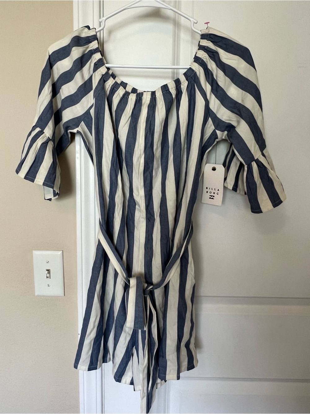 Billabong Blue and White Striped Off-Shoulder Romper NWT
